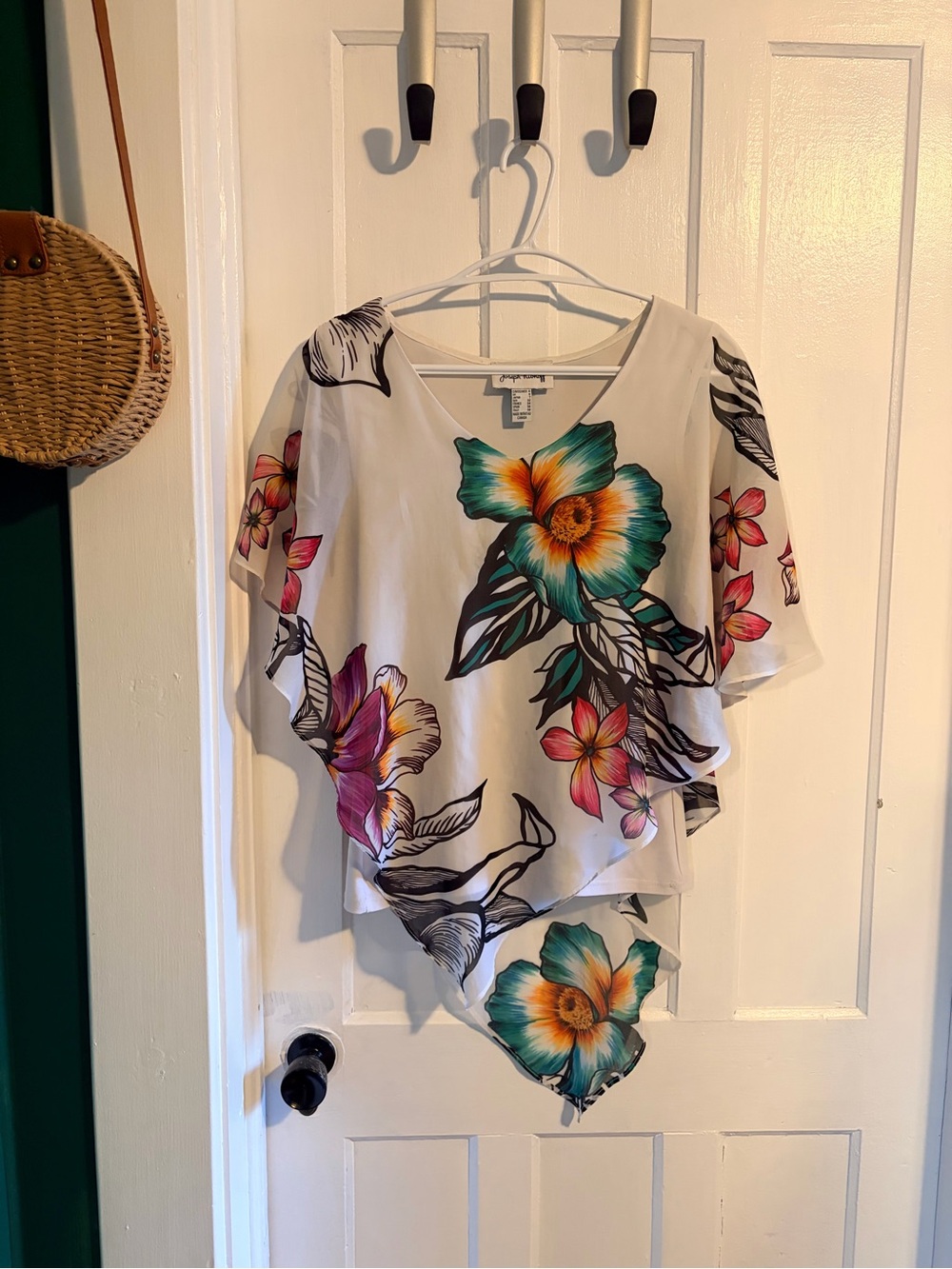 Joseph Ribkoff Women's White Floral V-Neck Blouse with Teal & Pink Flowers